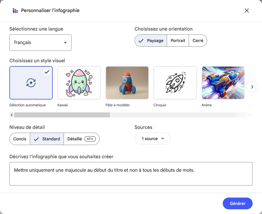 Interface de personnalisation de la fonction Infographie dans NotebookLM