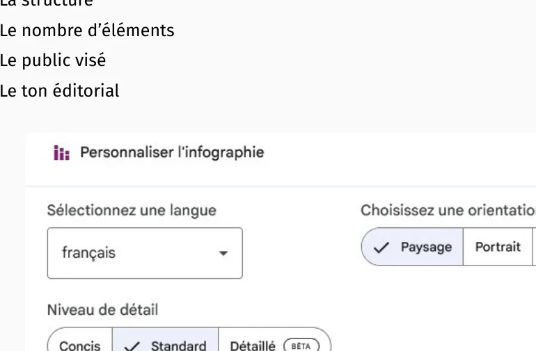 Interface de personnalisation de la fonction Infographie dans NotebookLM